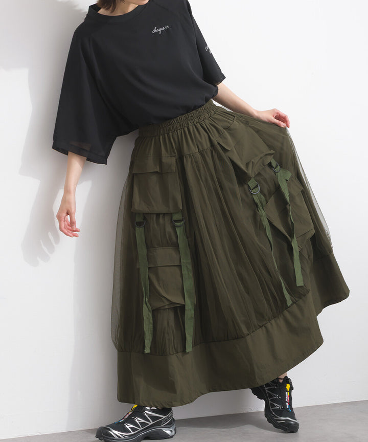 【iriey】工裝翻蓋口袋 薄紗疊搭 寬擺長裙 Japan E-Shop