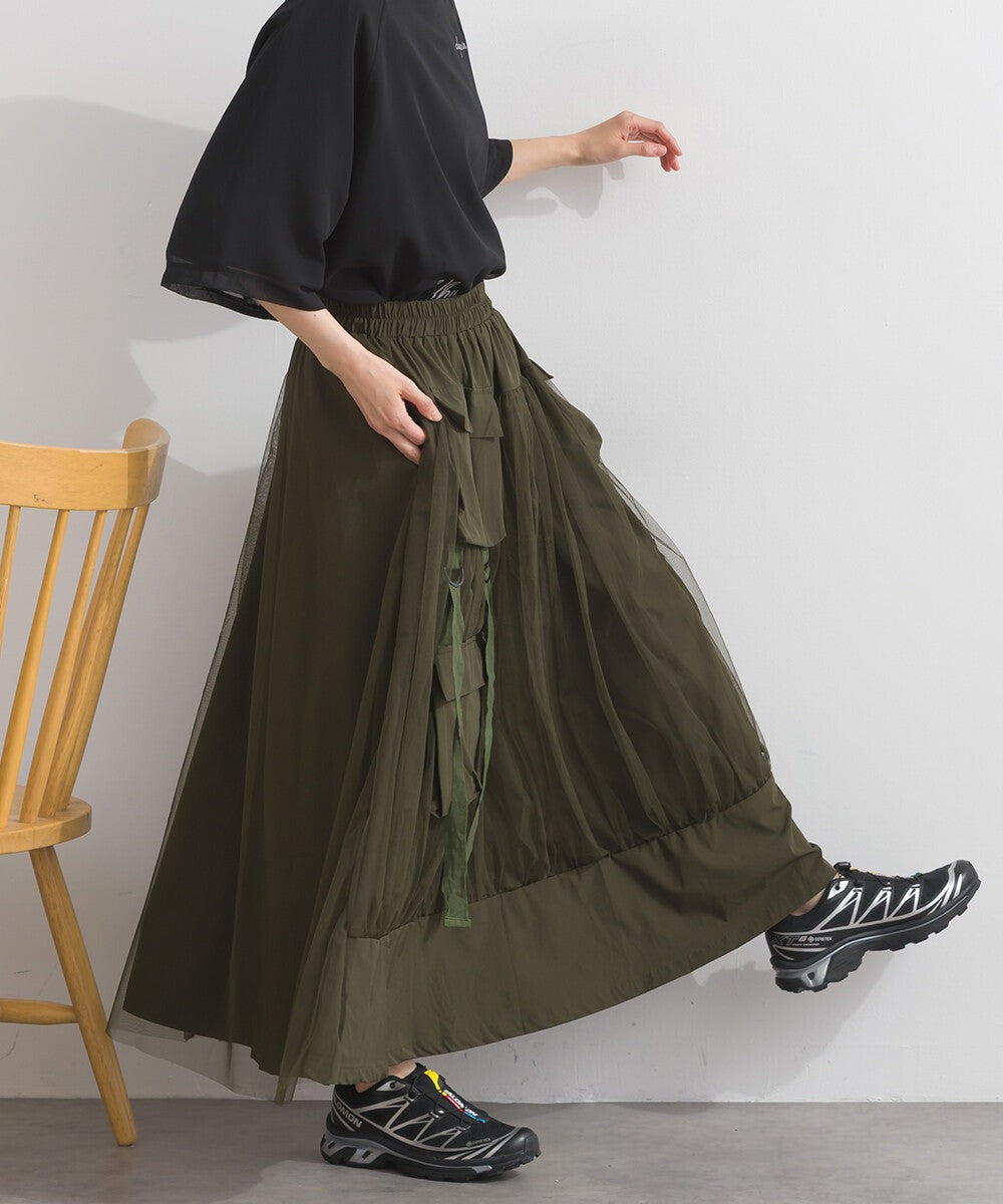 【iriey】工裝翻蓋口袋 薄紗疊搭 寬擺長裙 Japan E-Shop