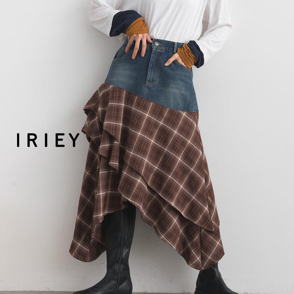 【iriey】不規則裙擺 牛仔×格紋拼接 A字長裙 Japan E-Shop