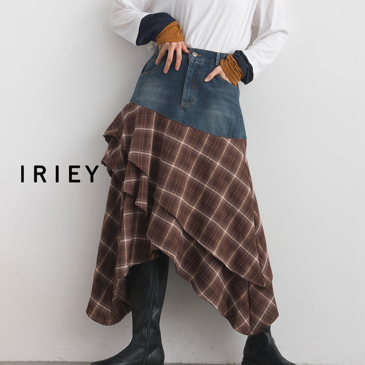 【iriey】不規則裙擺 牛仔×格紋拼接 A字長裙 Japan E-Shop
