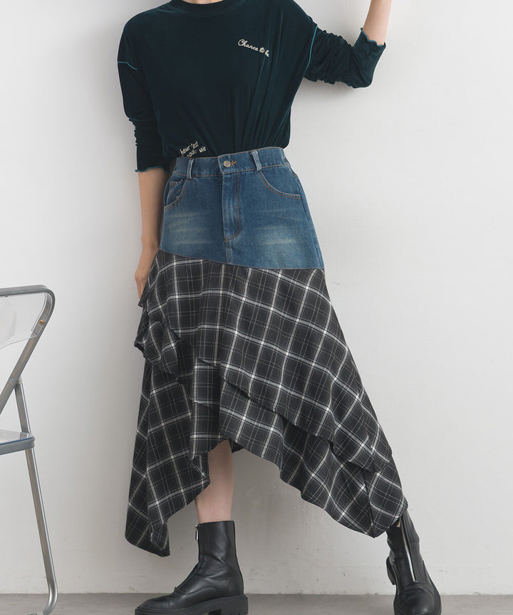 【iriey】不規則裙擺 牛仔×格紋拼接 A字長裙 Japan E-Shop
