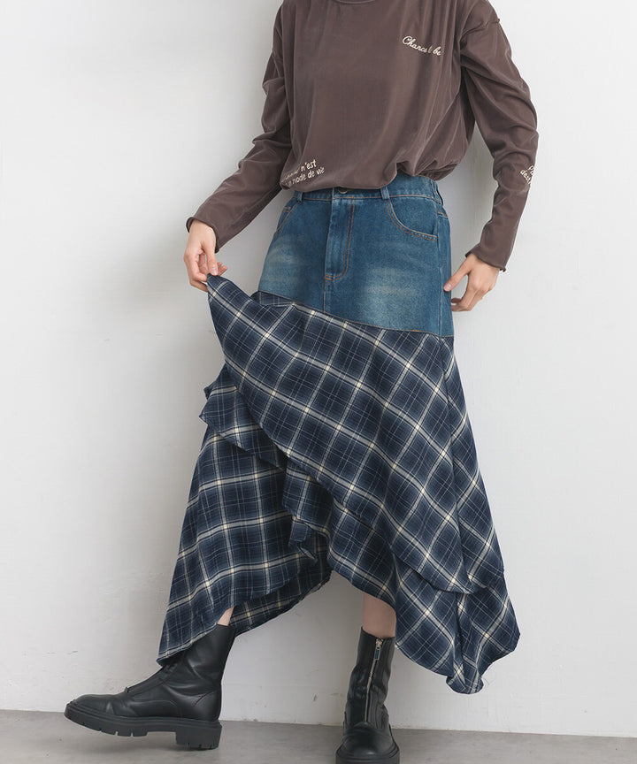 【iriey】不規則裙擺 牛仔×格紋拼接 A字長裙 Japan E-Shop