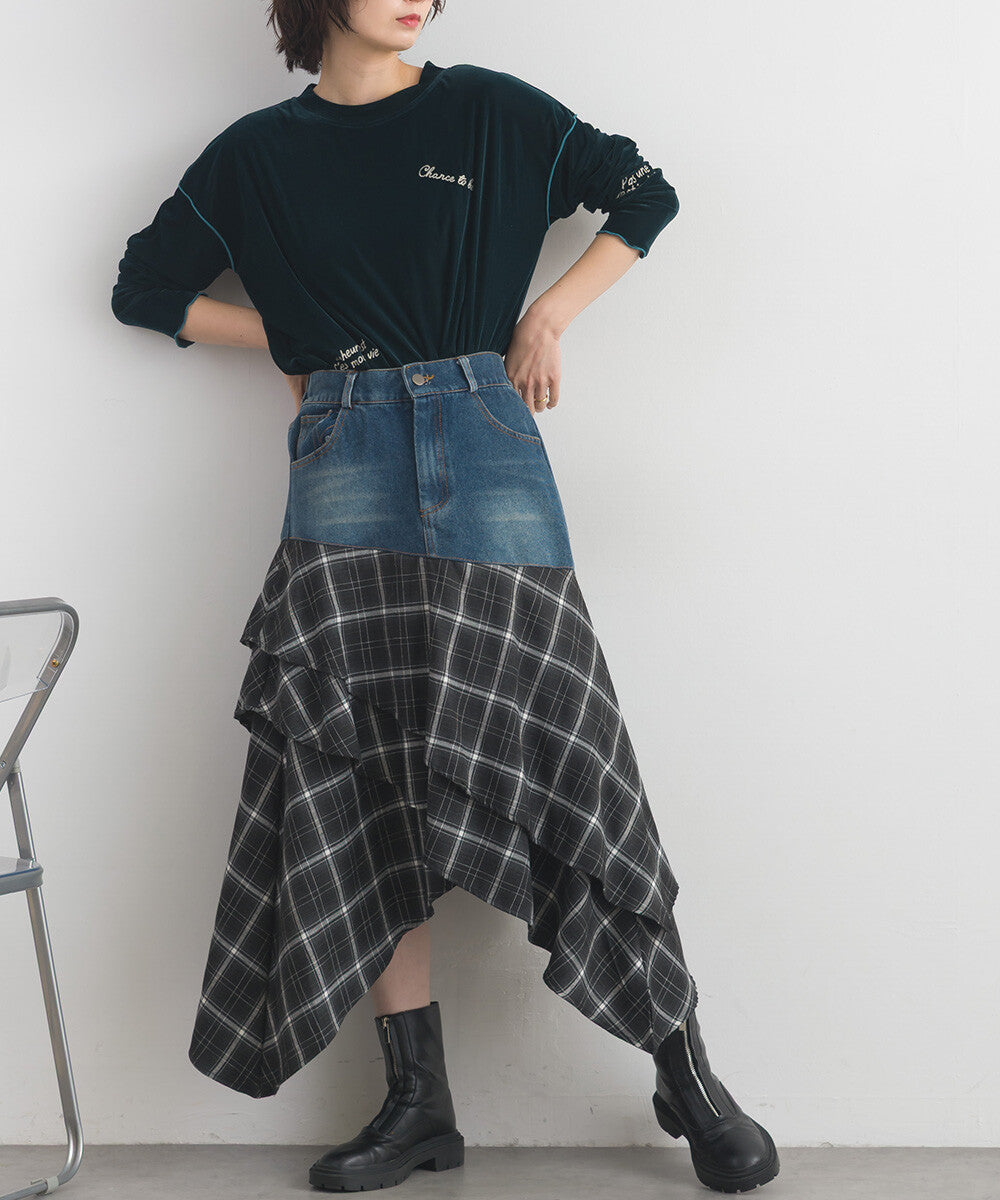 【iriey】不規則裙擺 牛仔×格紋拼接 A字長裙 Japan E-Shop