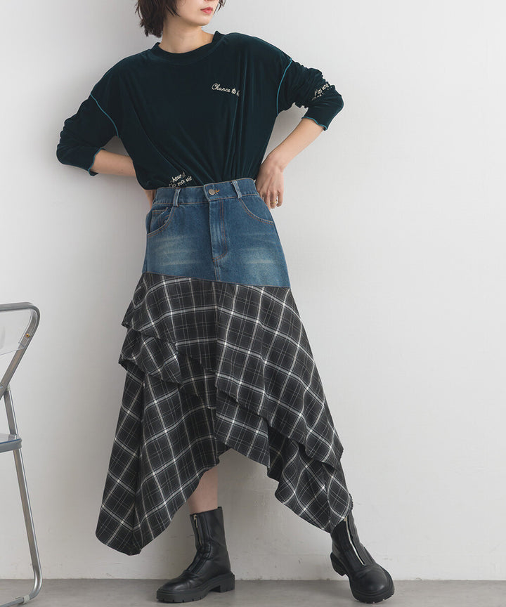 【iriey】不規則裙擺 牛仔×格紋拼接 A字長裙 Japan E-Shop