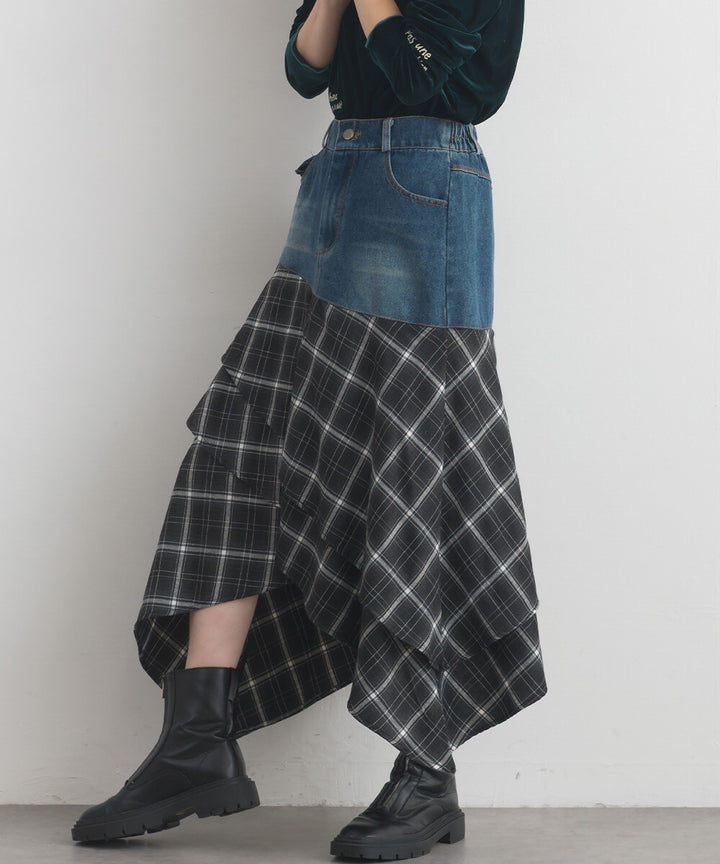 【iriey】不規則裙擺 牛仔×格紋拼接 A字長裙 Japan E-Shop