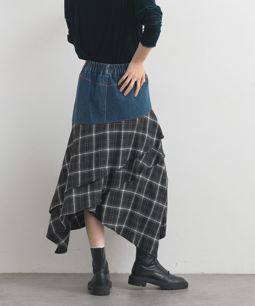 【iriey】不規則裙擺 牛仔×格紋拼接 A字長裙 Japan E-Shop
