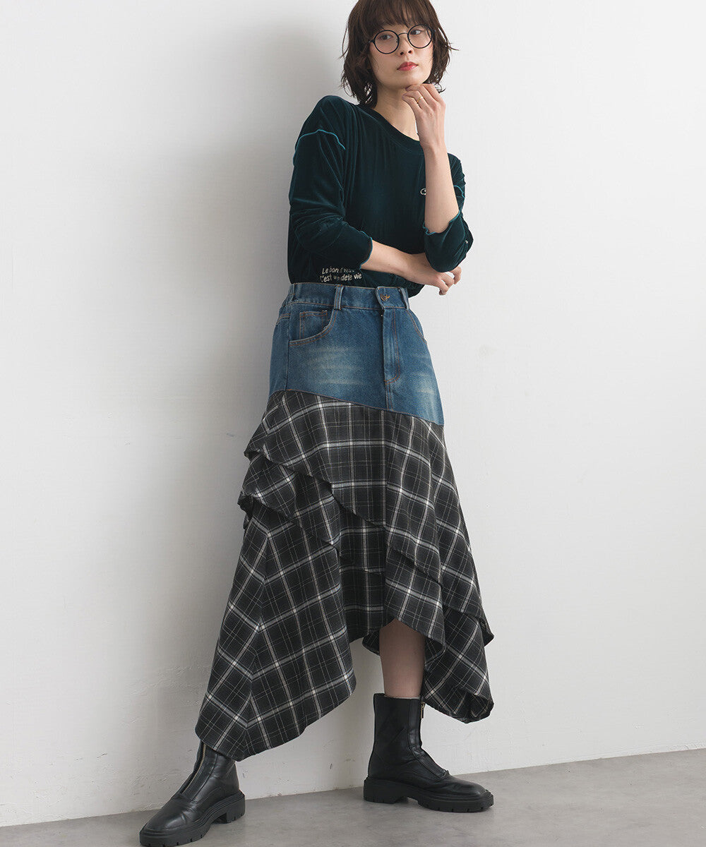 【iriey】不規則裙擺 牛仔×格紋拼接 A字長裙 Japan E-Shop