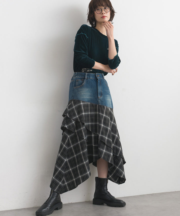 【iriey】不規則裙擺 牛仔×格紋拼接 A字長裙 Japan E-Shop