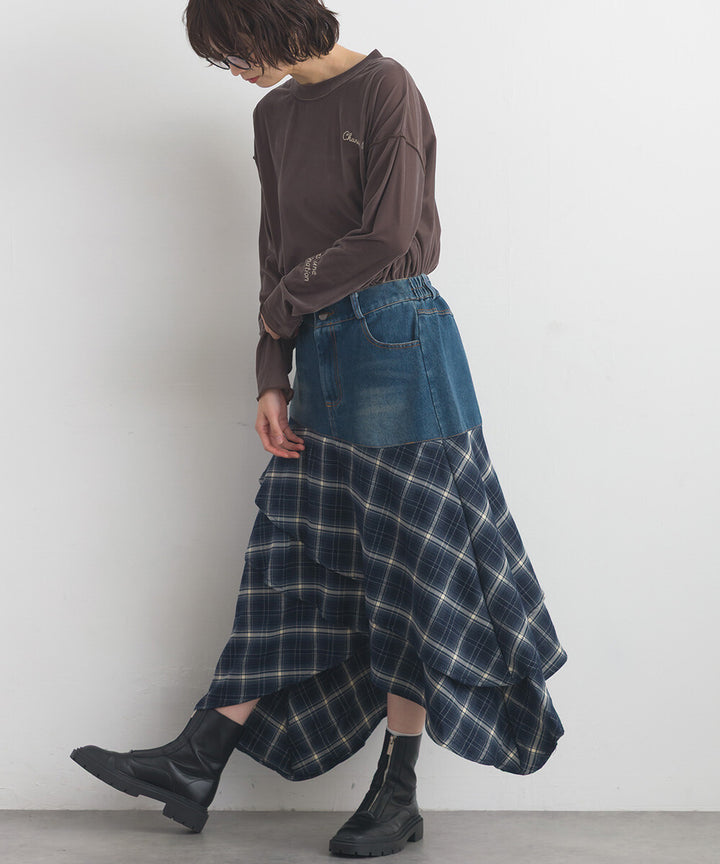 【iriey】不規則裙擺 牛仔×格紋拼接 A字長裙 Japan E-Shop