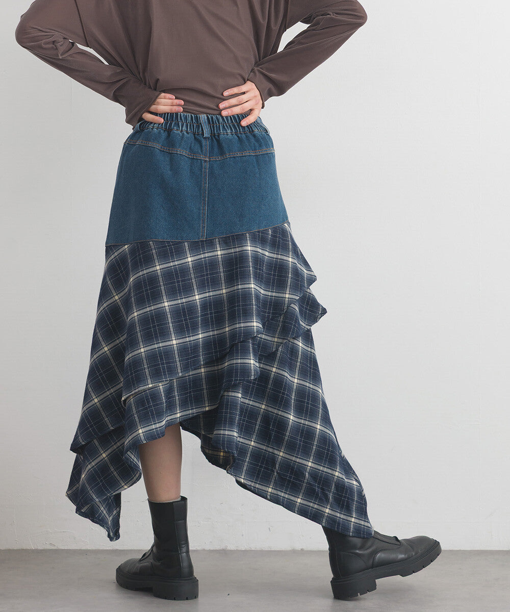 【iriey】不規則裙擺 牛仔×格紋拼接 A字長裙 Japan E-Shop