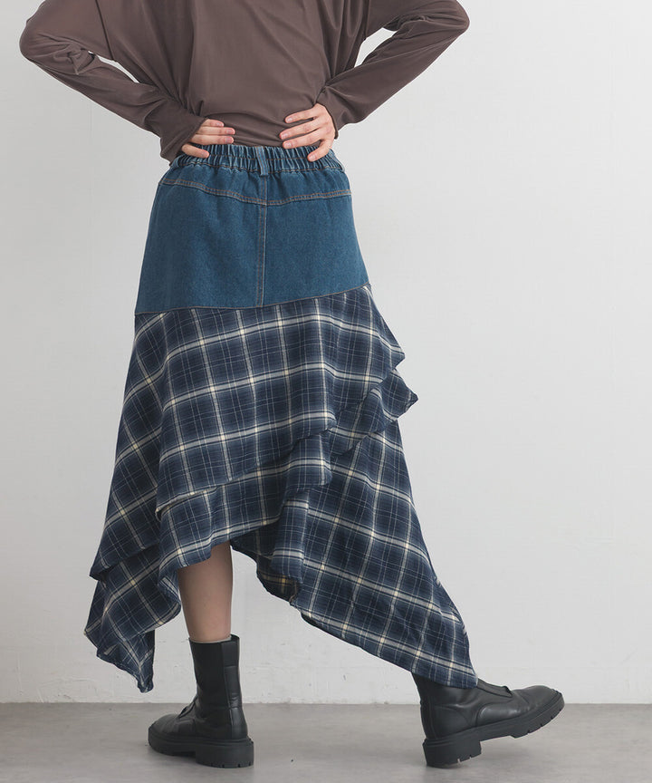 【iriey】不規則裙擺 牛仔×格紋拼接 A字長裙 Japan E-Shop