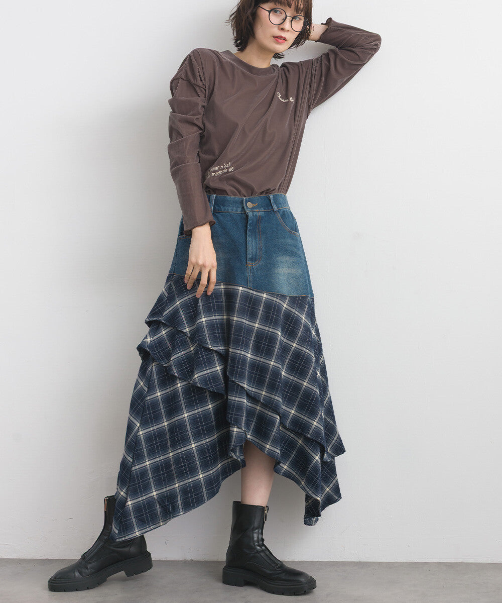 【iriey】不規則裙擺 牛仔×格紋拼接 A字長裙 Japan E-Shop