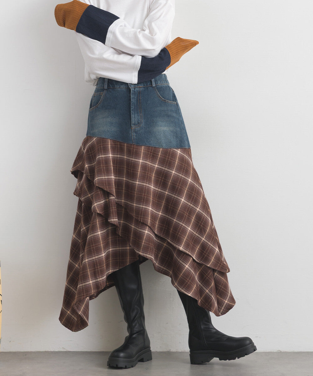 【iriey】不規則裙擺 牛仔×格紋拼接 A字長裙 Japan E-Shop