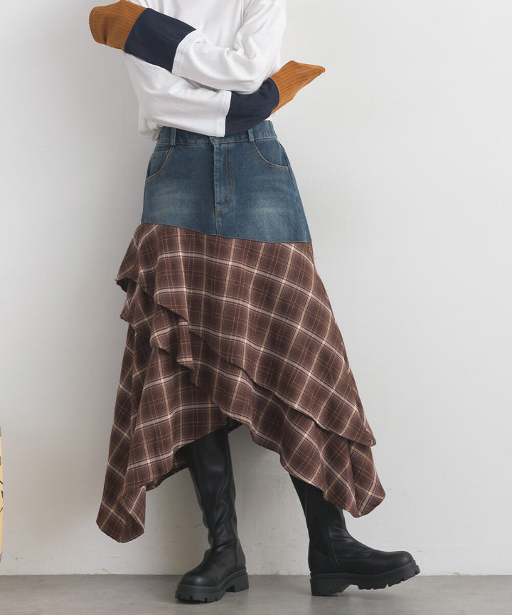 【iriey】不規則裙擺 牛仔×格紋拼接 A字長裙 Japan E-Shop
