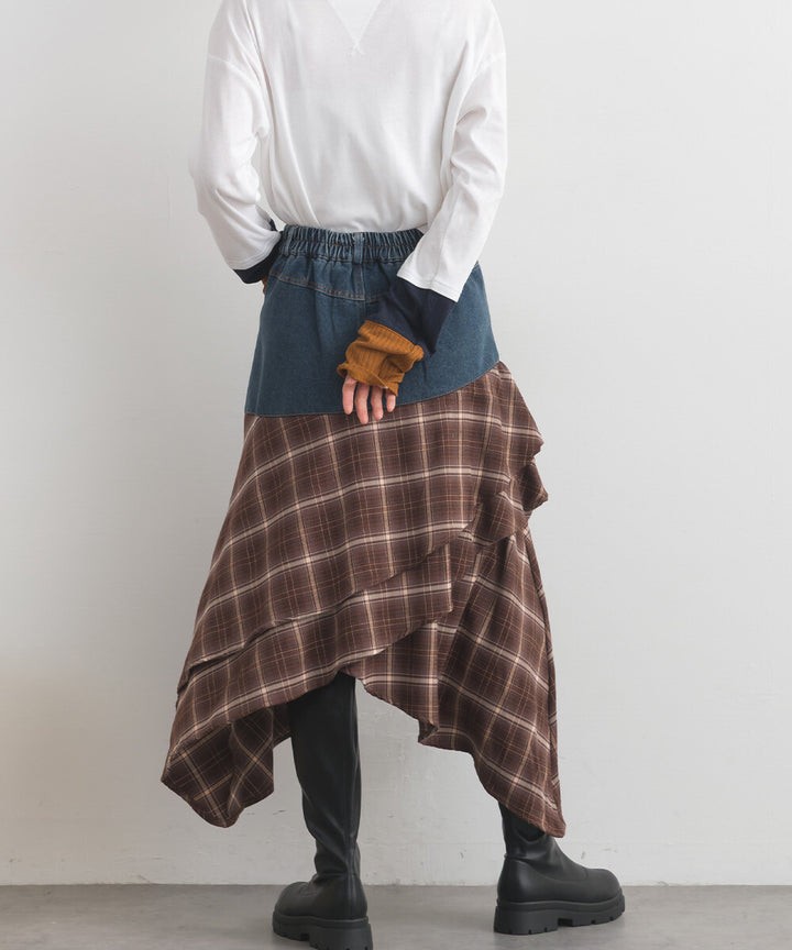 【iriey】不規則裙擺 牛仔×格紋拼接 A字長裙 Japan E-Shop