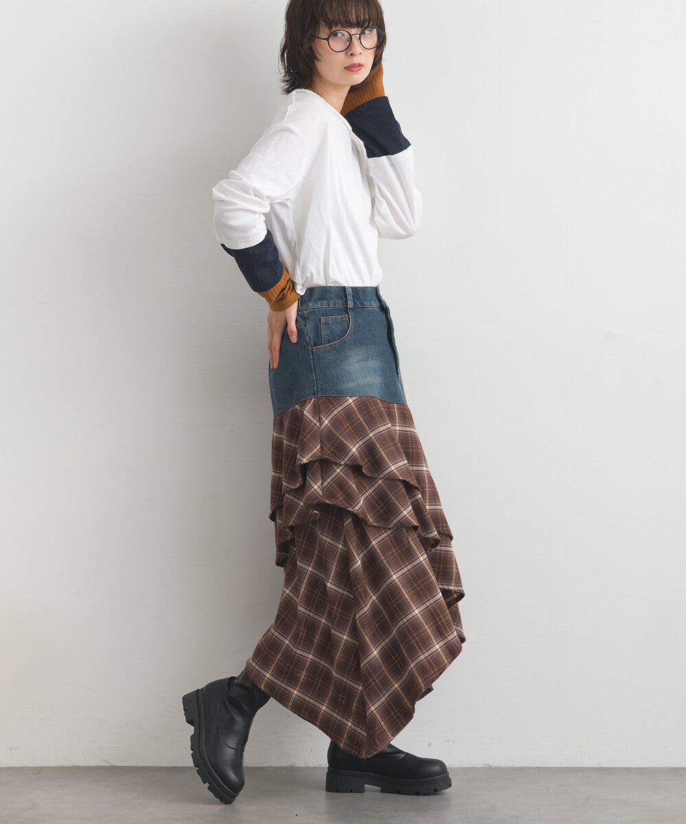 【iriey】不規則裙擺 牛仔×格紋拼接 A字長裙 Japan E-Shop