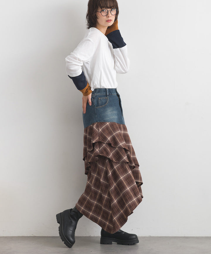 【iriey】不規則裙擺 牛仔×格紋拼接 A字長裙 Japan E-Shop