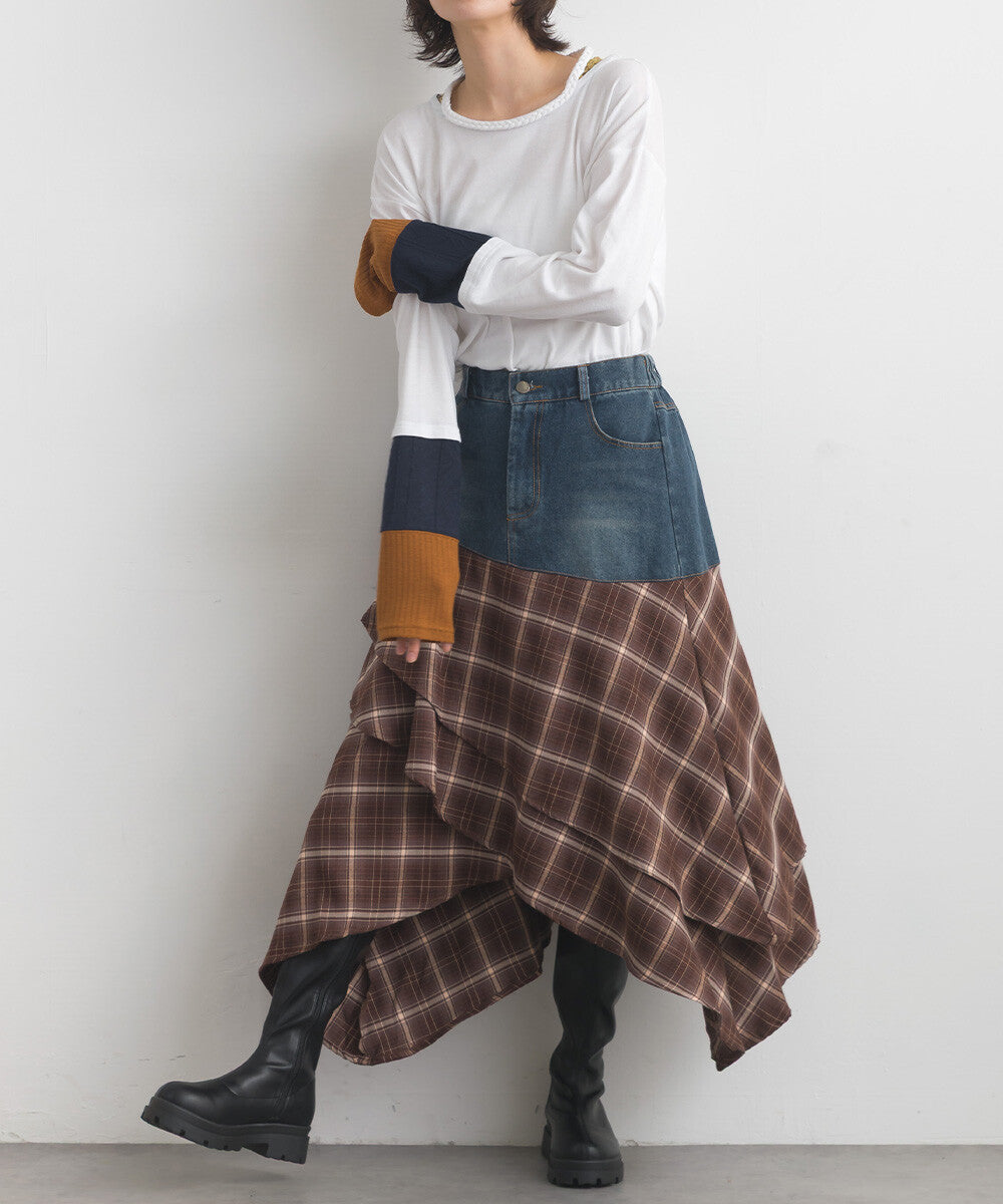 【iriey】不規則裙擺 牛仔×格紋拼接 A字長裙 Japan E-Shop