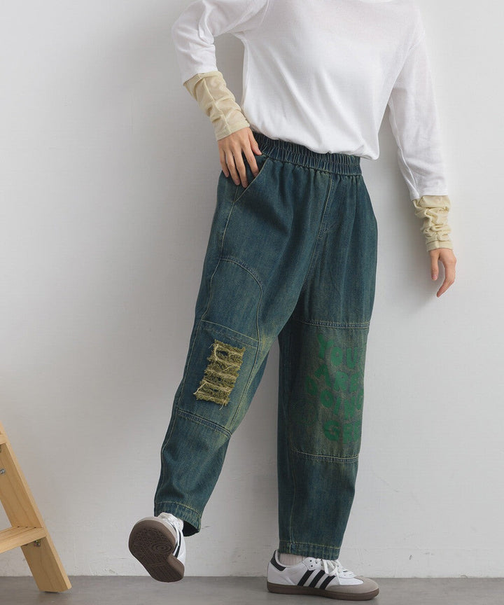 【iriey】塗鴉品牌字母做舊感 鬆緊腰牛仔褲 Japan E-Shop