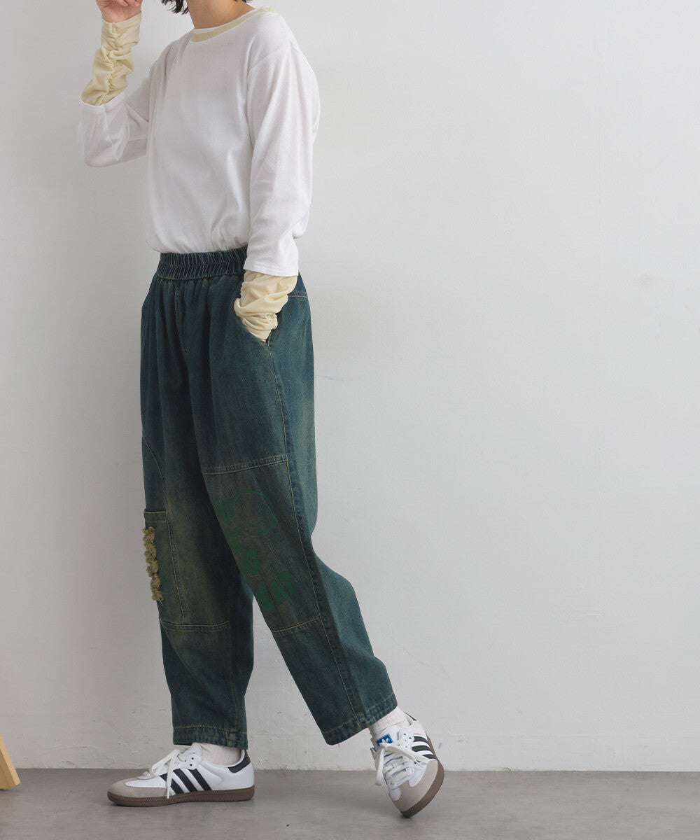 【iriey】塗鴉品牌字母做舊感 鬆緊腰牛仔褲 Japan E-Shop