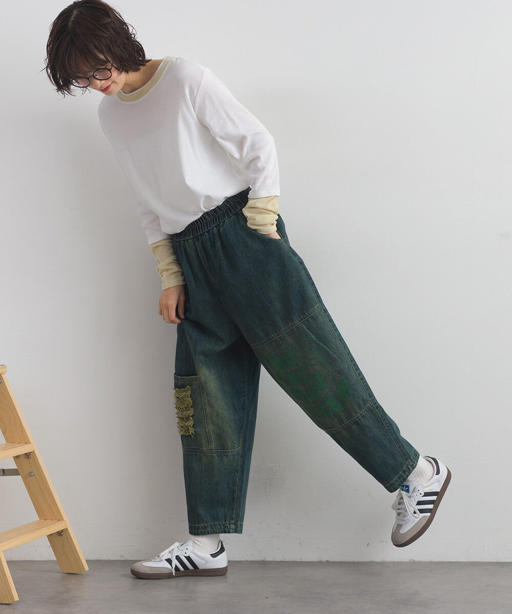 【iriey】塗鴉品牌字母做舊感 鬆緊腰牛仔褲 Japan E-Shop