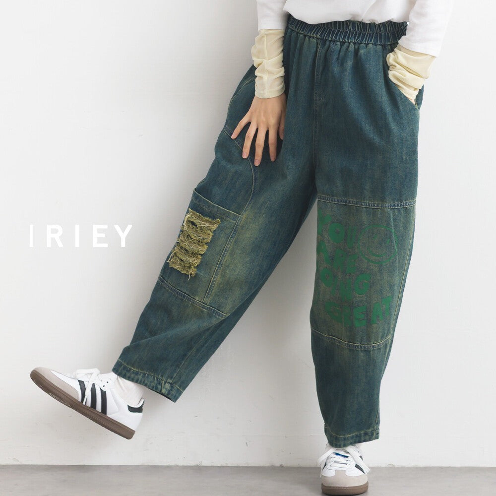 【iriey】塗鴉品牌字母做舊感 鬆緊腰牛仔褲 Japan E-Shop