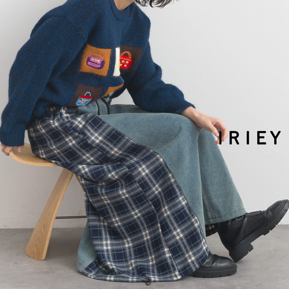 【iriey】牛仔×格紋縱向拼接 A字鬆緊腰長裙 Japan E-Shop
