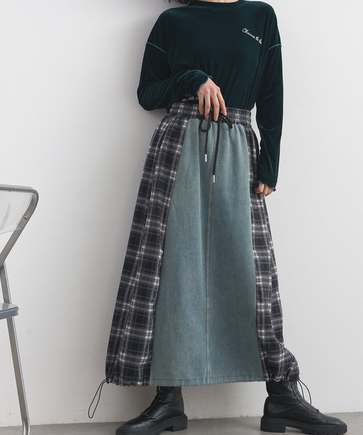 【iriey】牛仔×格紋縱向拼接 A字鬆緊腰長裙 Japan E-Shop