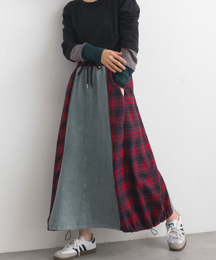 【iriey】牛仔×格紋縱向拼接 A字鬆緊腰長裙 Japan E-Shop