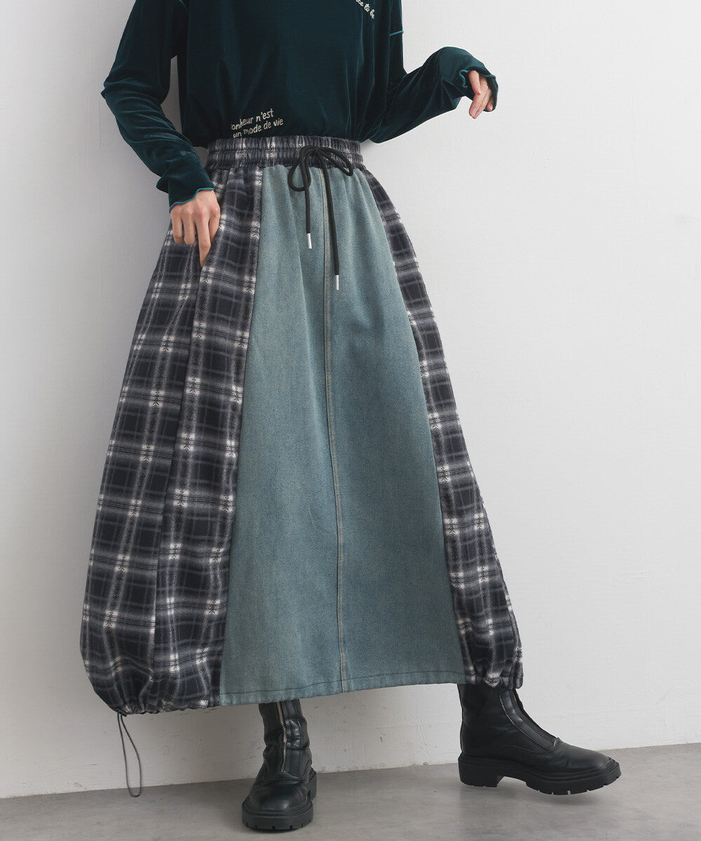 【iriey】牛仔×格紋縱向拼接 A字鬆緊腰長裙 Japan E-Shop