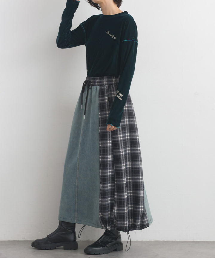 【iriey】牛仔×格紋縱向拼接 A字鬆緊腰長裙 Japan E-Shop