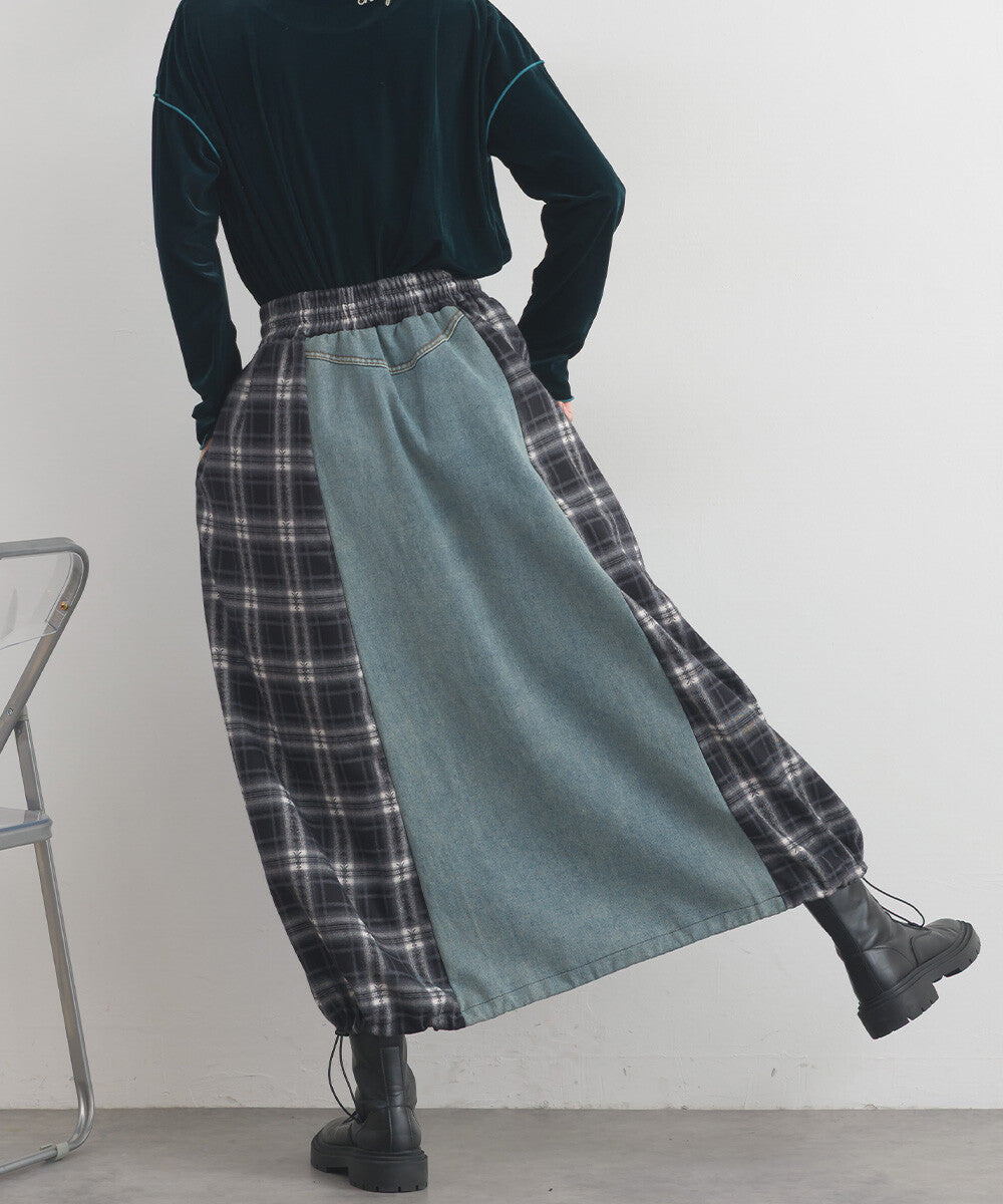 【iriey】牛仔×格紋縱向拼接 A字鬆緊腰長裙 Japan E-Shop