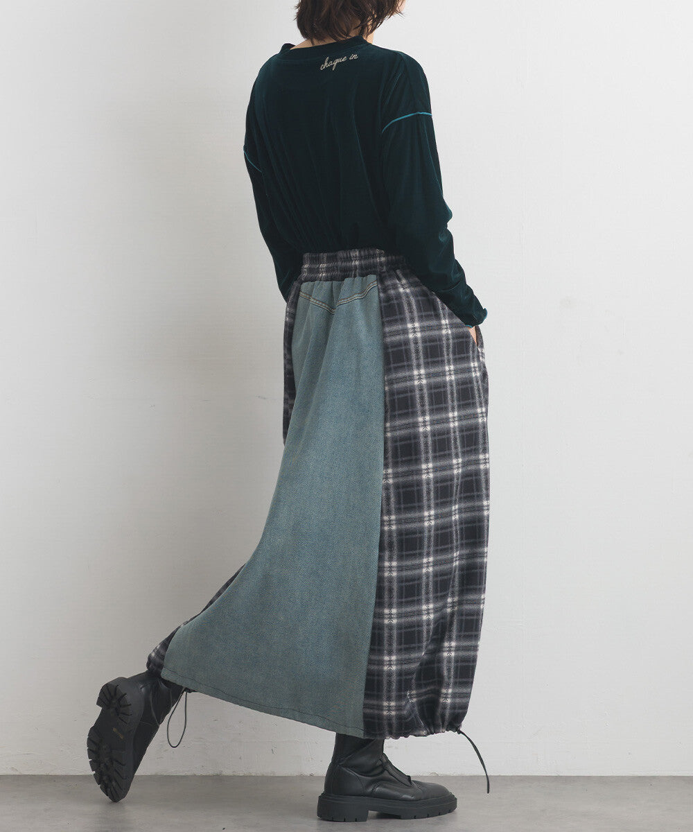 【iriey】牛仔×格紋縱向拼接 A字鬆緊腰長裙 Japan E-Shop
