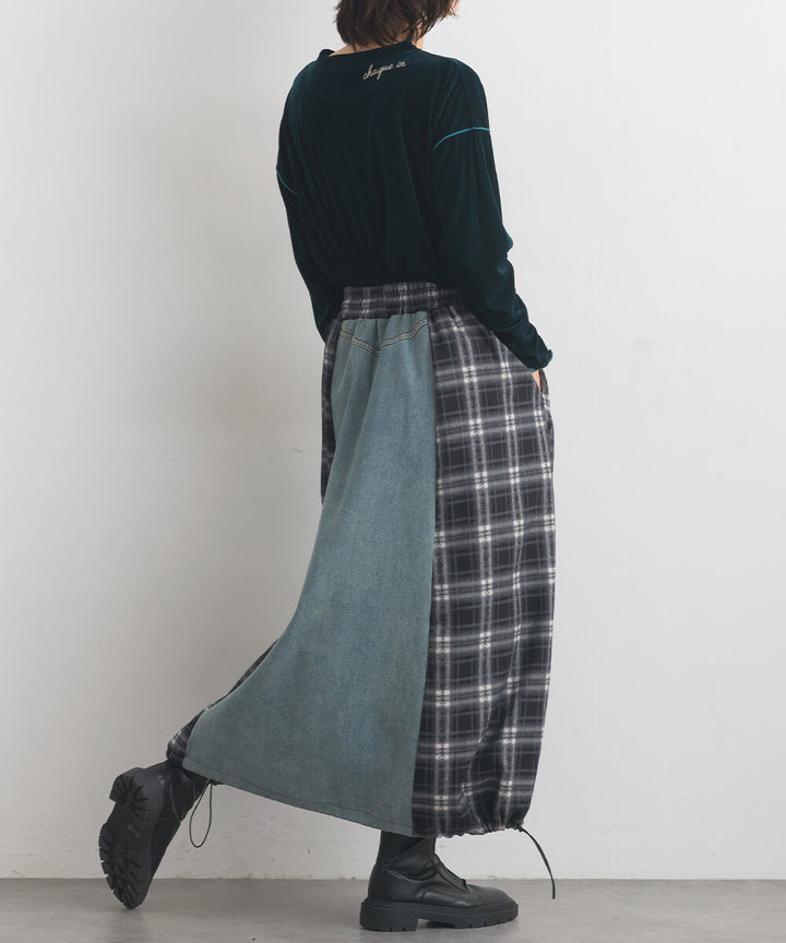 【iriey】牛仔×格紋縱向拼接 A字鬆緊腰長裙 Japan E-Shop