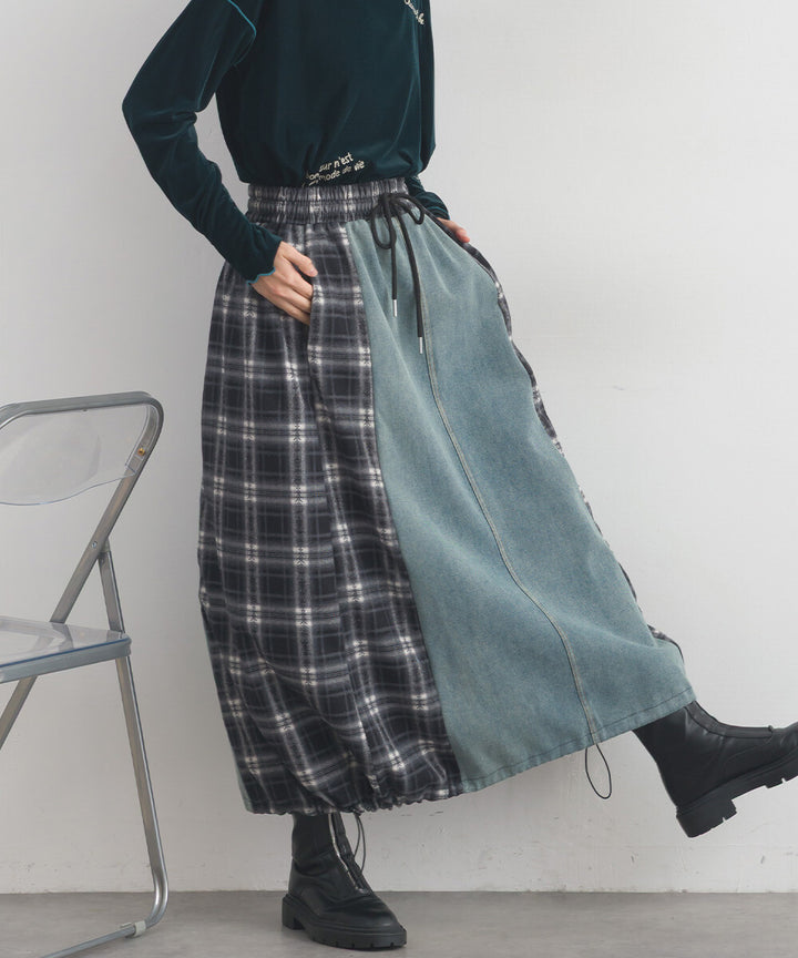 【iriey】牛仔×格紋縱向拼接 A字鬆緊腰長裙 Japan E-Shop