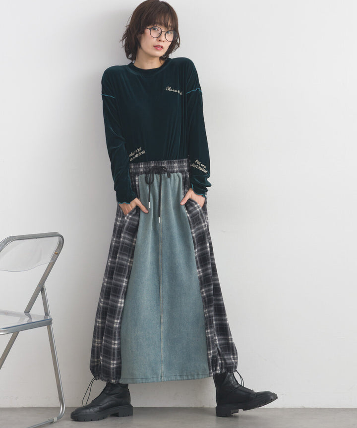 【iriey】牛仔×格紋縱向拼接 A字鬆緊腰長裙 Japan E-Shop