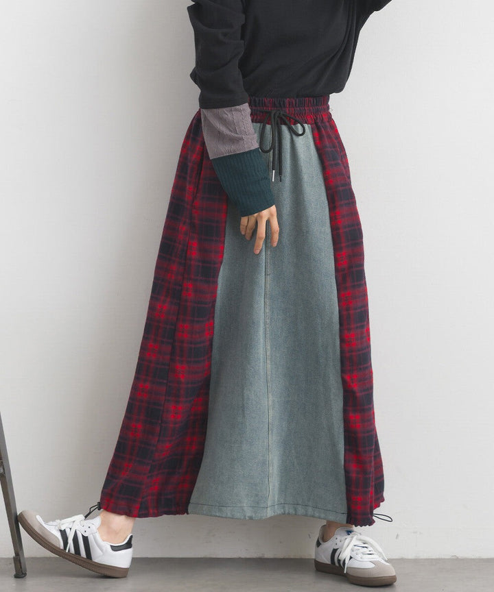 【iriey】牛仔×格紋縱向拼接 A字鬆緊腰長裙 Japan E-Shop
