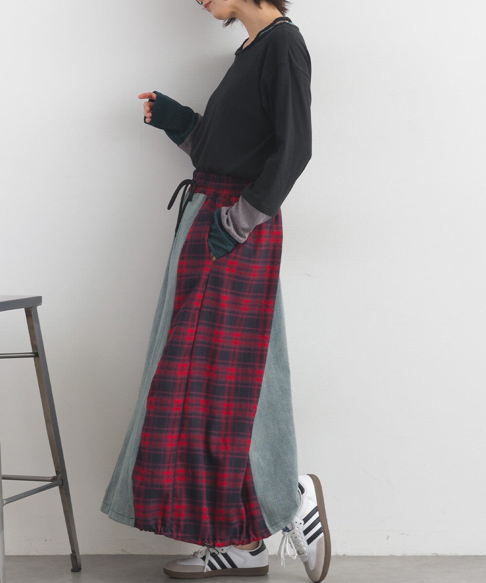 【iriey】牛仔×格紋縱向拼接 A字鬆緊腰長裙 Japan E-Shop
