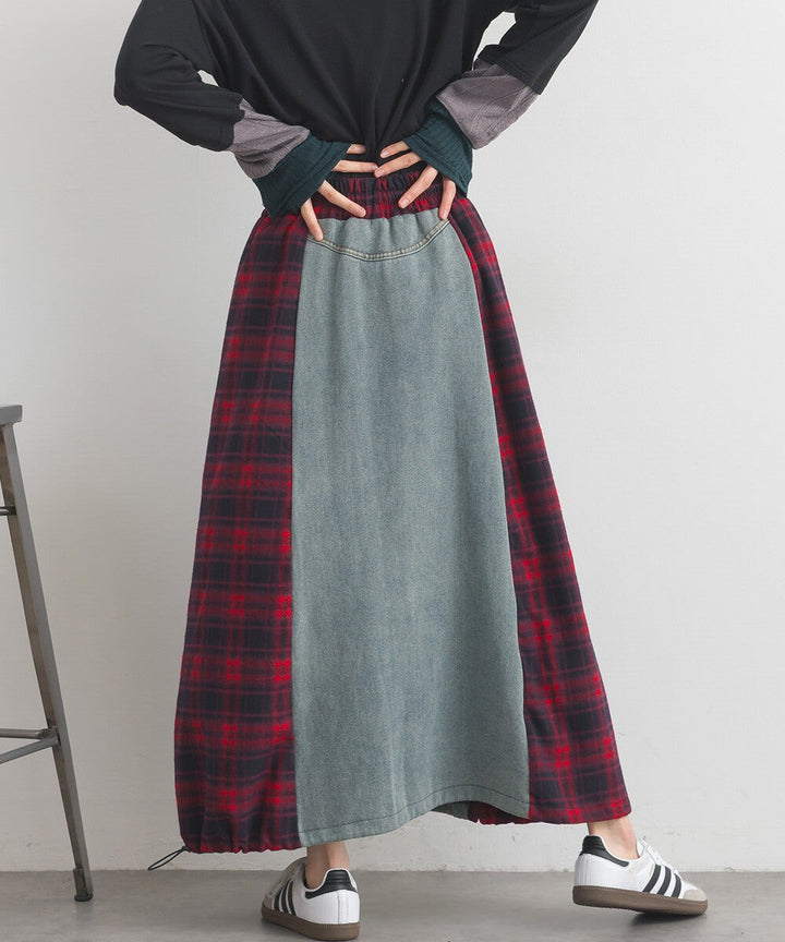 【iriey】牛仔×格紋縱向拼接 A字鬆緊腰長裙 Japan E-Shop
