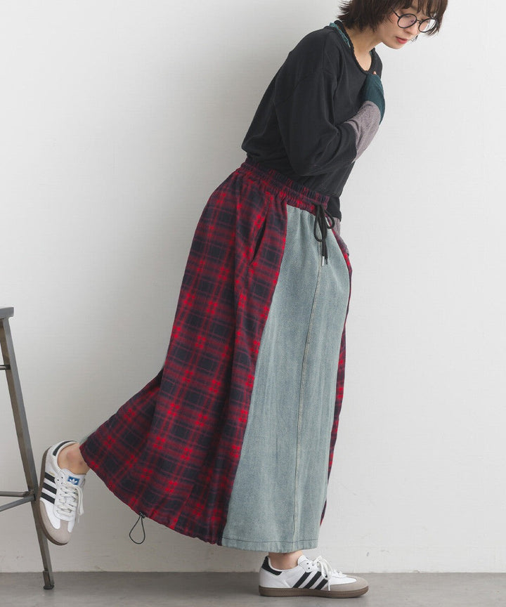 【iriey】牛仔×格紋縱向拼接 A字鬆緊腰長裙 Japan E-Shop