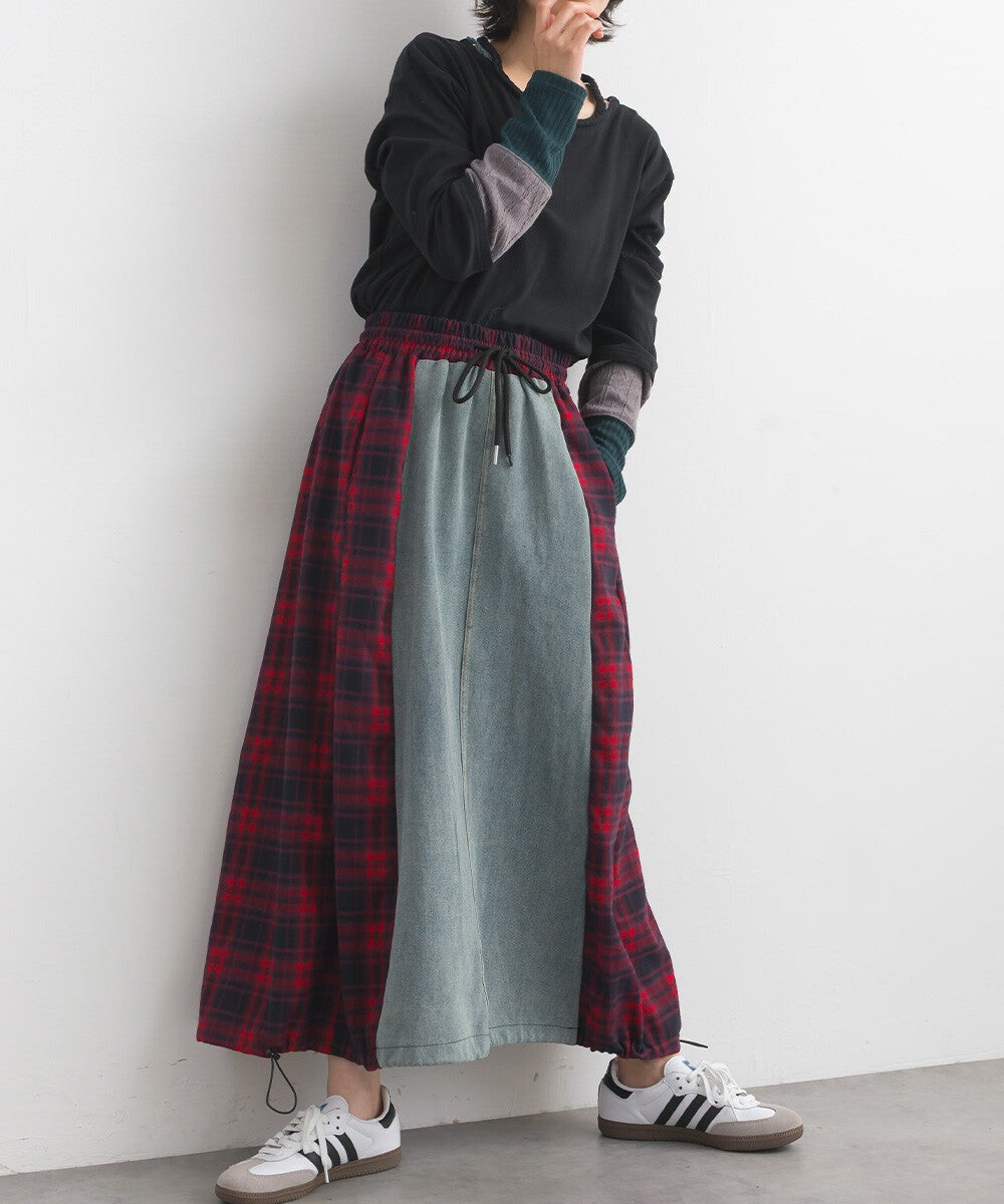 【iriey】牛仔×格紋縱向拼接 A字鬆緊腰長裙 Japan E-Shop