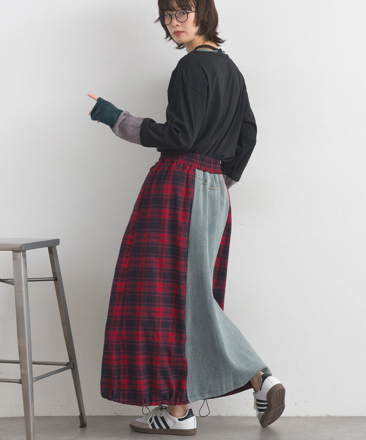 【iriey】牛仔×格紋縱向拼接 A字鬆緊腰長裙 Japan E-Shop
