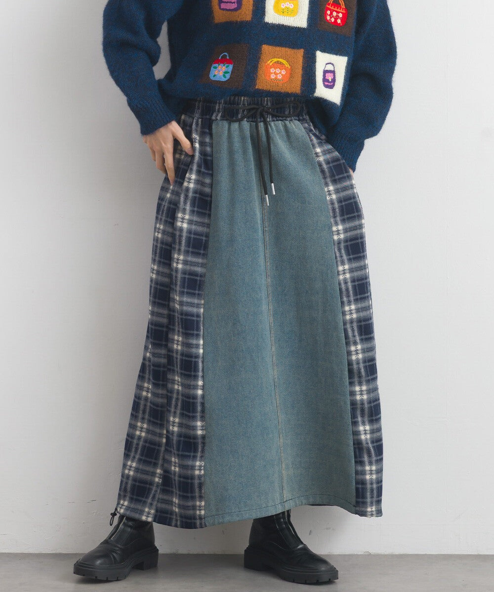 【iriey】牛仔×格紋縱向拼接 A字鬆緊腰長裙 Japan E-Shop