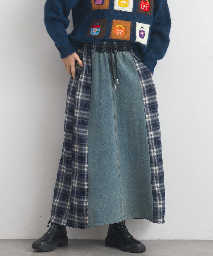 【iriey】牛仔×格紋縱向拼接 A字鬆緊腰長裙 Japan E-Shop