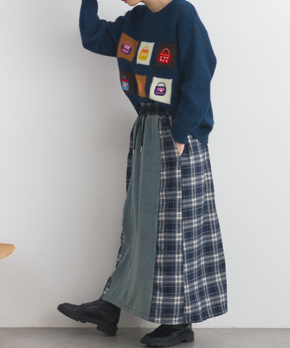 【iriey】牛仔×格紋縱向拼接 A字鬆緊腰長裙 Japan E-Shop