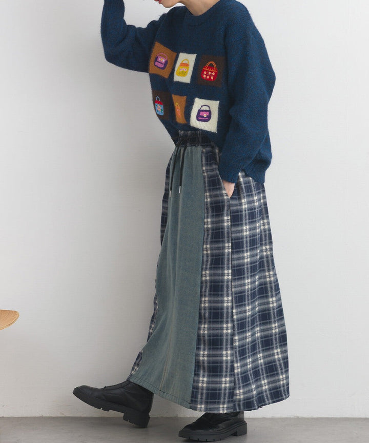 【iriey】牛仔×格紋縱向拼接 A字鬆緊腰長裙 Japan E-Shop
