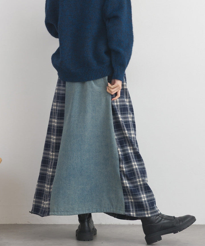 【iriey】牛仔×格紋縱向拼接 A字鬆緊腰長裙 Japan E-Shop