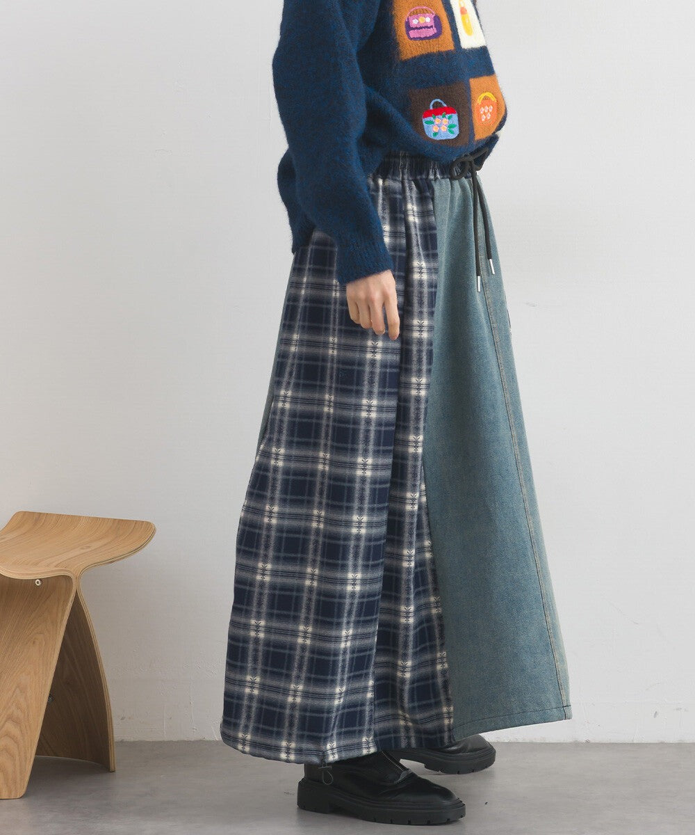 【iriey】牛仔×格紋縱向拼接 A字鬆緊腰長裙 Japan E-Shop
