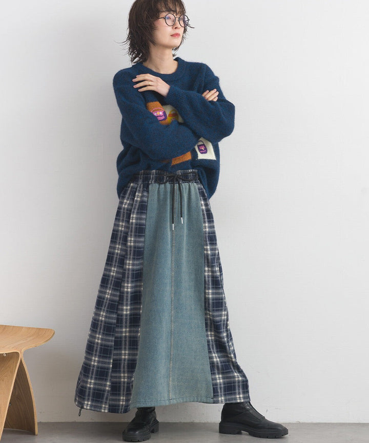【iriey】牛仔×格紋縱向拼接 A字鬆緊腰長裙 Japan E-Shop
