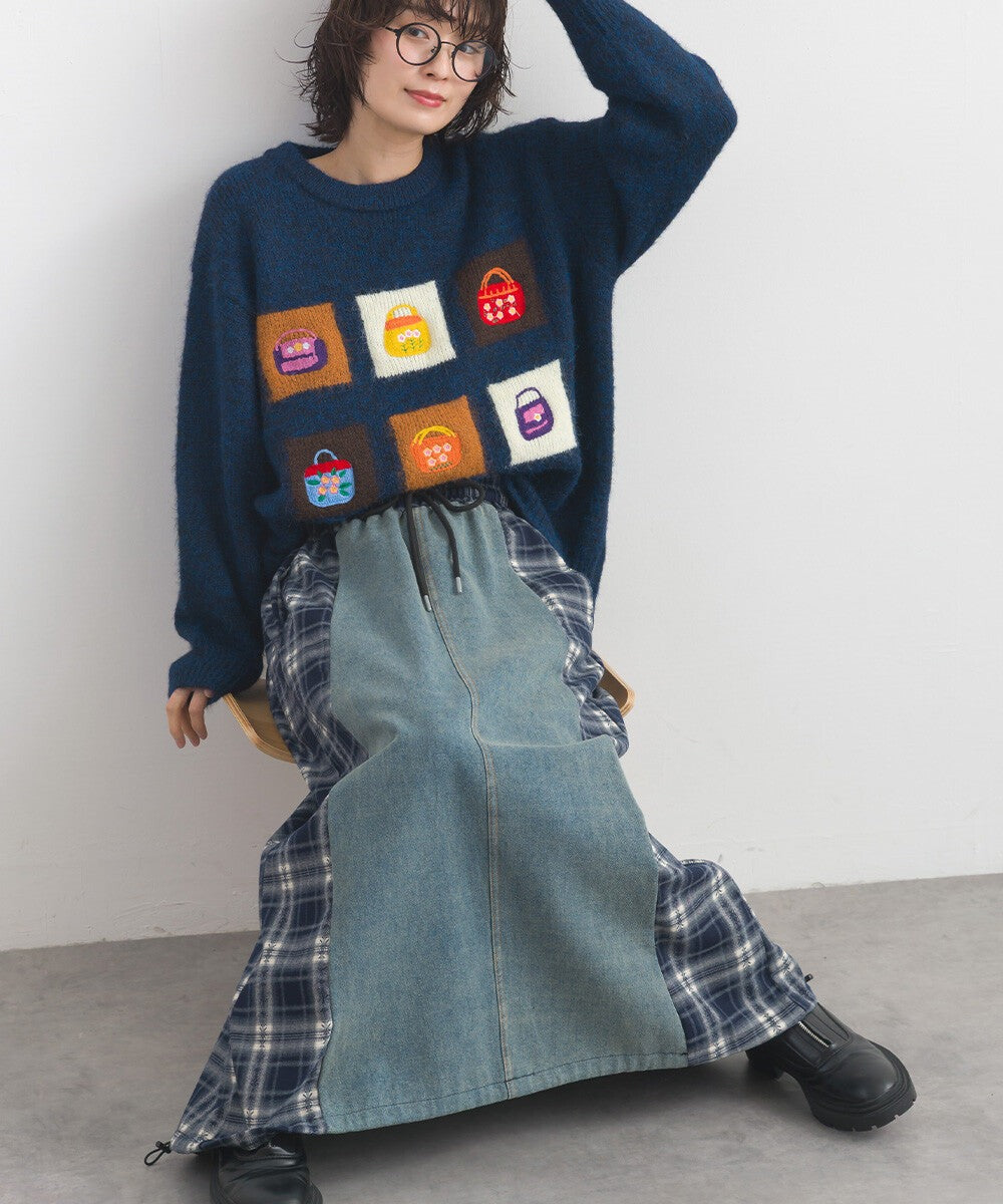 【iriey】牛仔×格紋縱向拼接 A字鬆緊腰長裙 Japan E-Shop